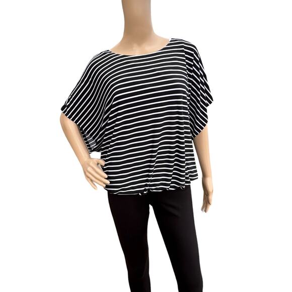 AB Studio Women Black White Stripes Dolman Sleeve Pullover Blouse Size M - Picture 1 of 5